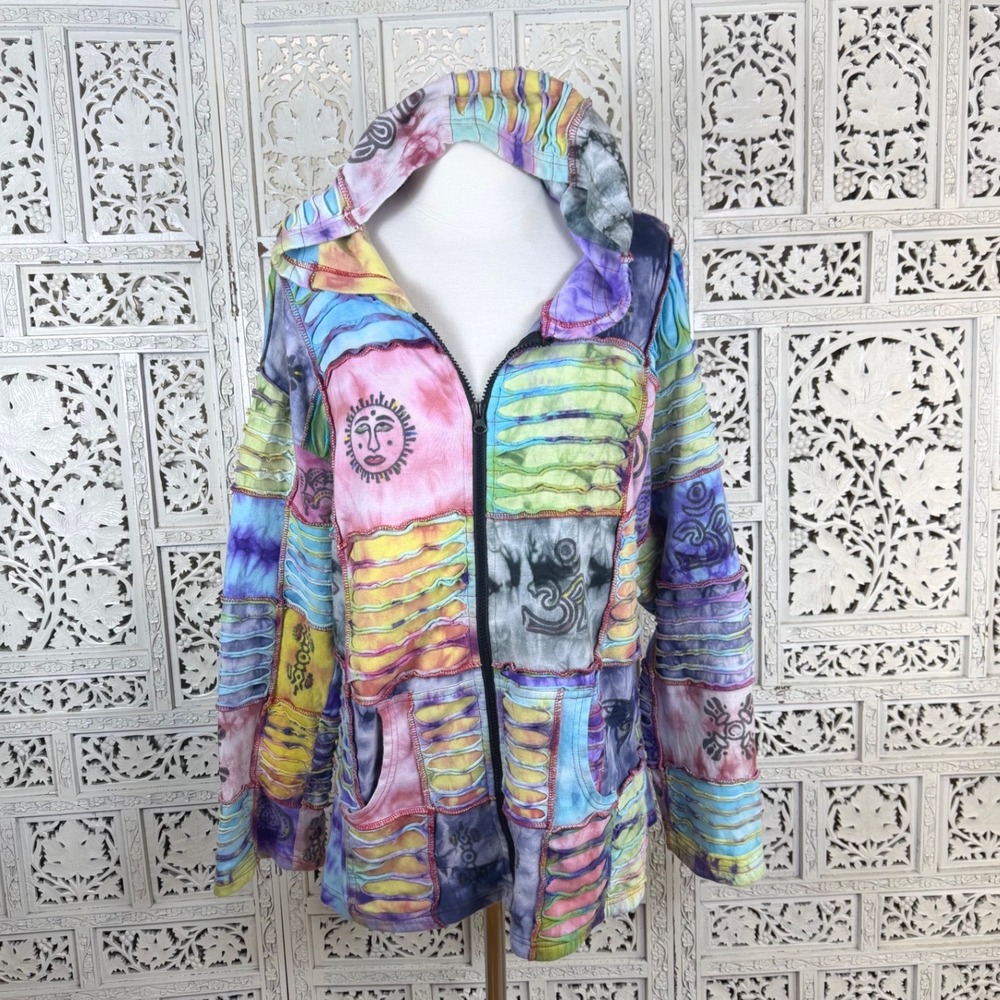Collection Royal Patchwork Pastel Art To Wear Full Zip Hoodie Sz XXL Artsy Boho